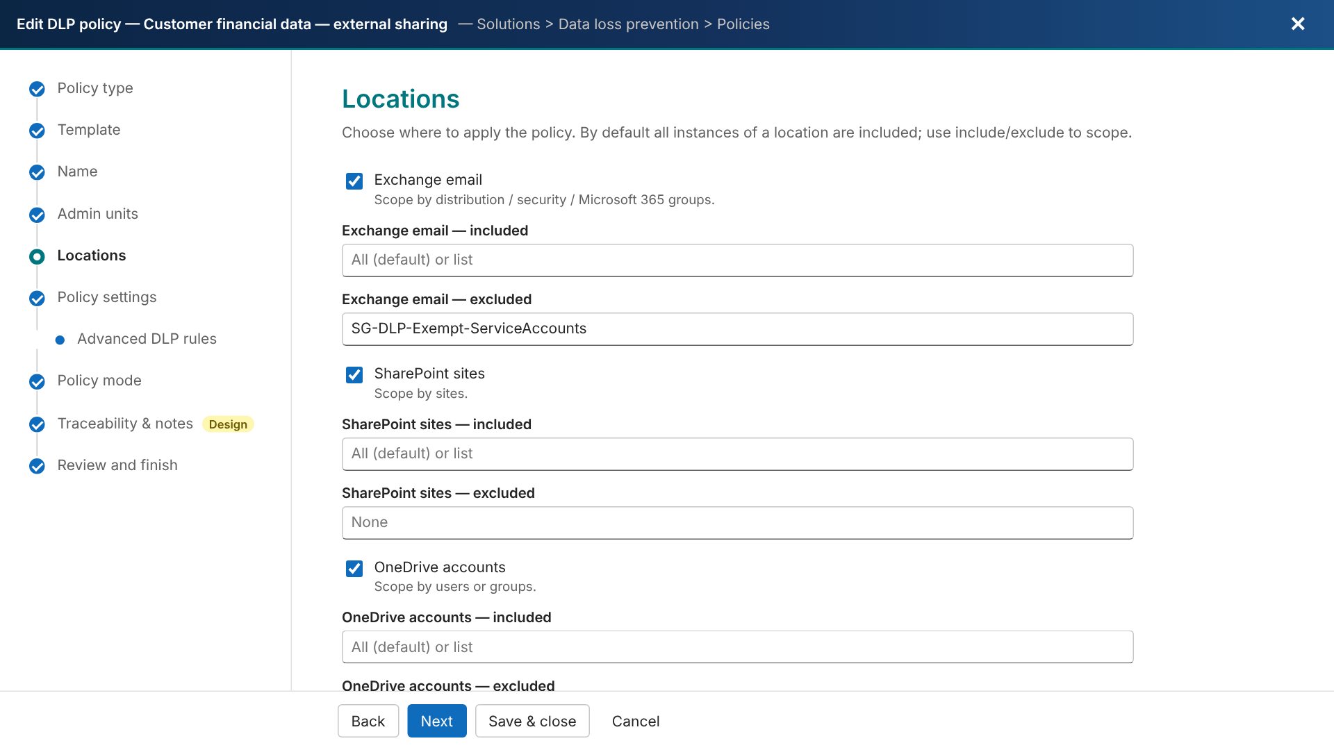 Blueprint Studio's data loss prevention policy wizard, on the Locations page, with the same steps as the Purview portal